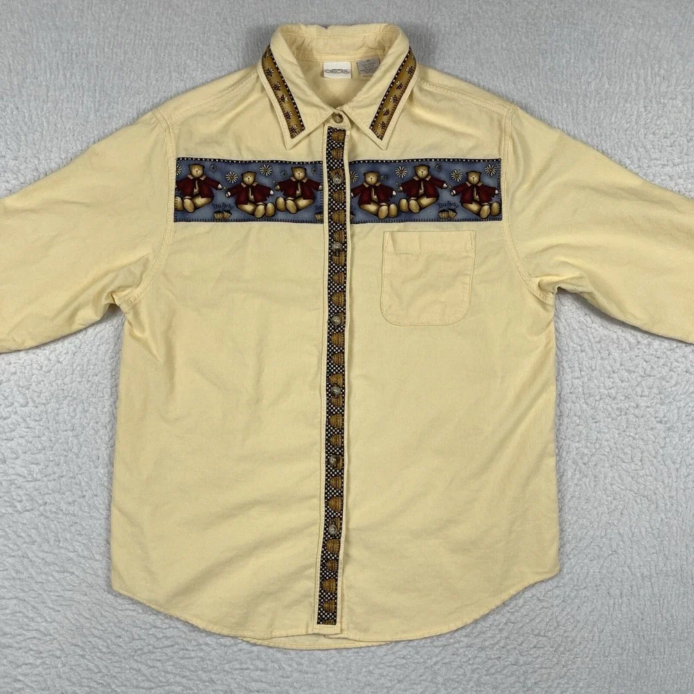 Cherokee Shirt Womens Medium Yellow Orange Corduroy Bears‎ Honey Tea Party VTG